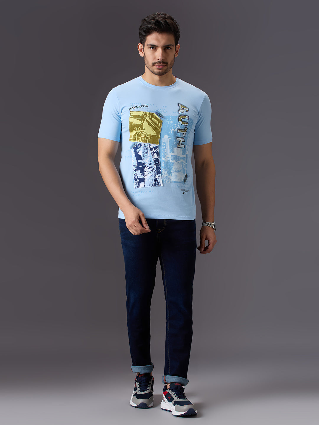 Men's Light Blue Printed Slim Fit T-Shirts