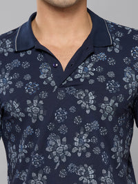 Men's Navy Blue Printed Slim Fit T-Shirts
