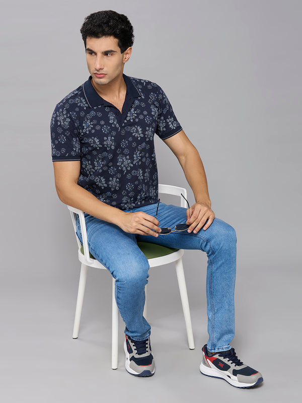 Men's Navy Blue Printed Slim Fit T-Shirts
