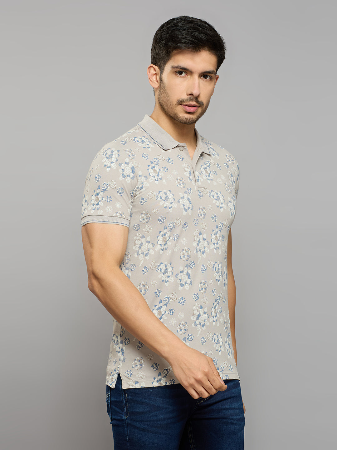 Men's Grey Printed Slim Fit T-Shirts