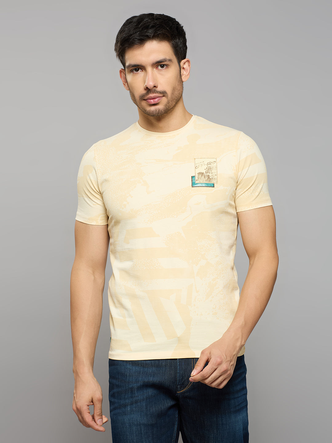 Men's Beige Printed Slim Fit T-Shirts