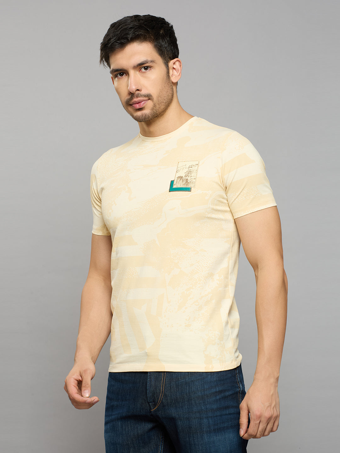Men's Beige Printed Slim Fit T-Shirts