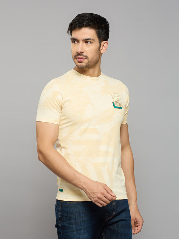 Men's Beige Printed Slim Fit T-Shirts