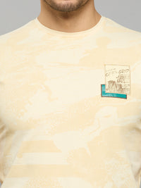 Men's Beige Printed Slim Fit T-Shirts