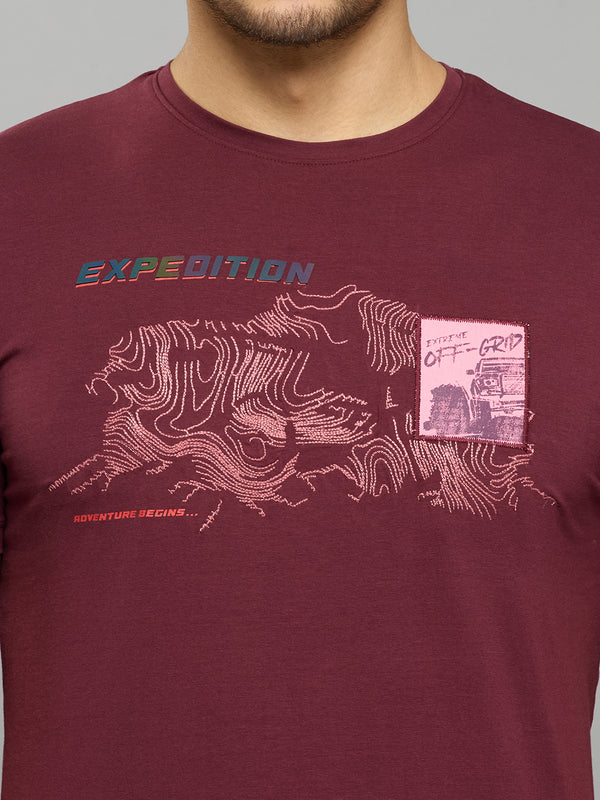 Men's Wine Printed Slim Fit T-Shirts