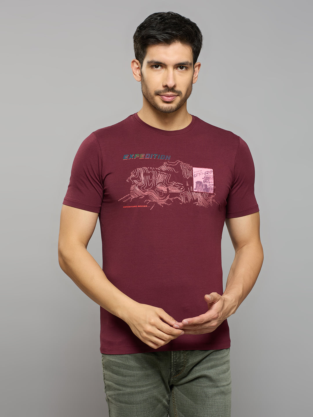 Men's Wine Printed Slim Fit T-Shirts