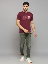 Men's Wine Printed Slim Fit T-Shirts
