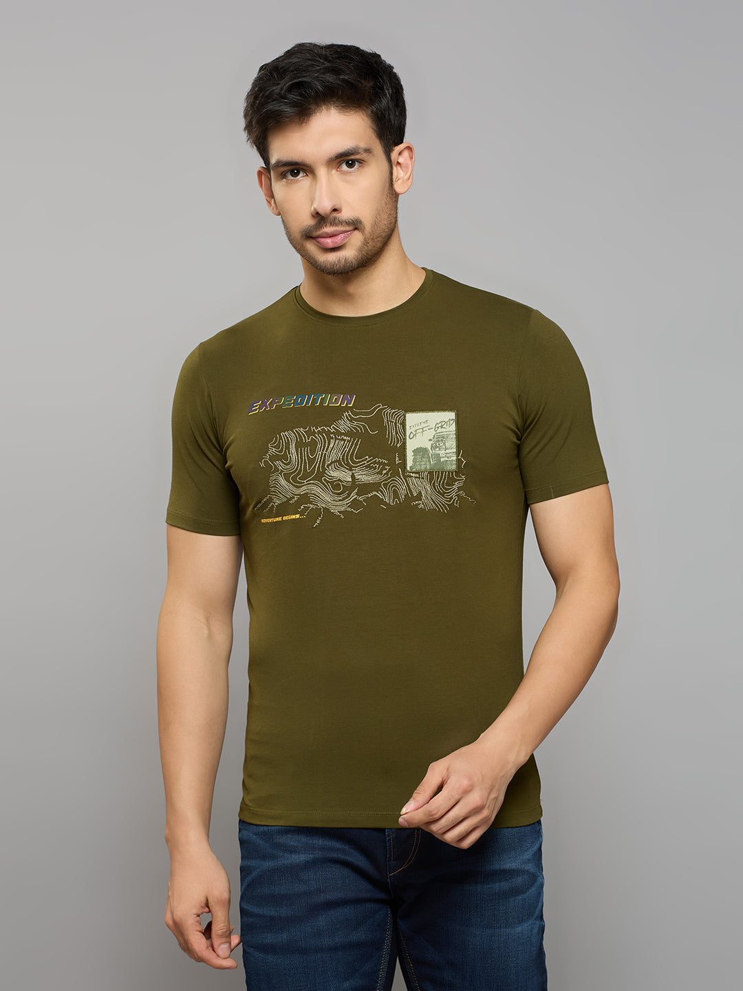 Men's Olive Printed Slim Fit T-Shirts
