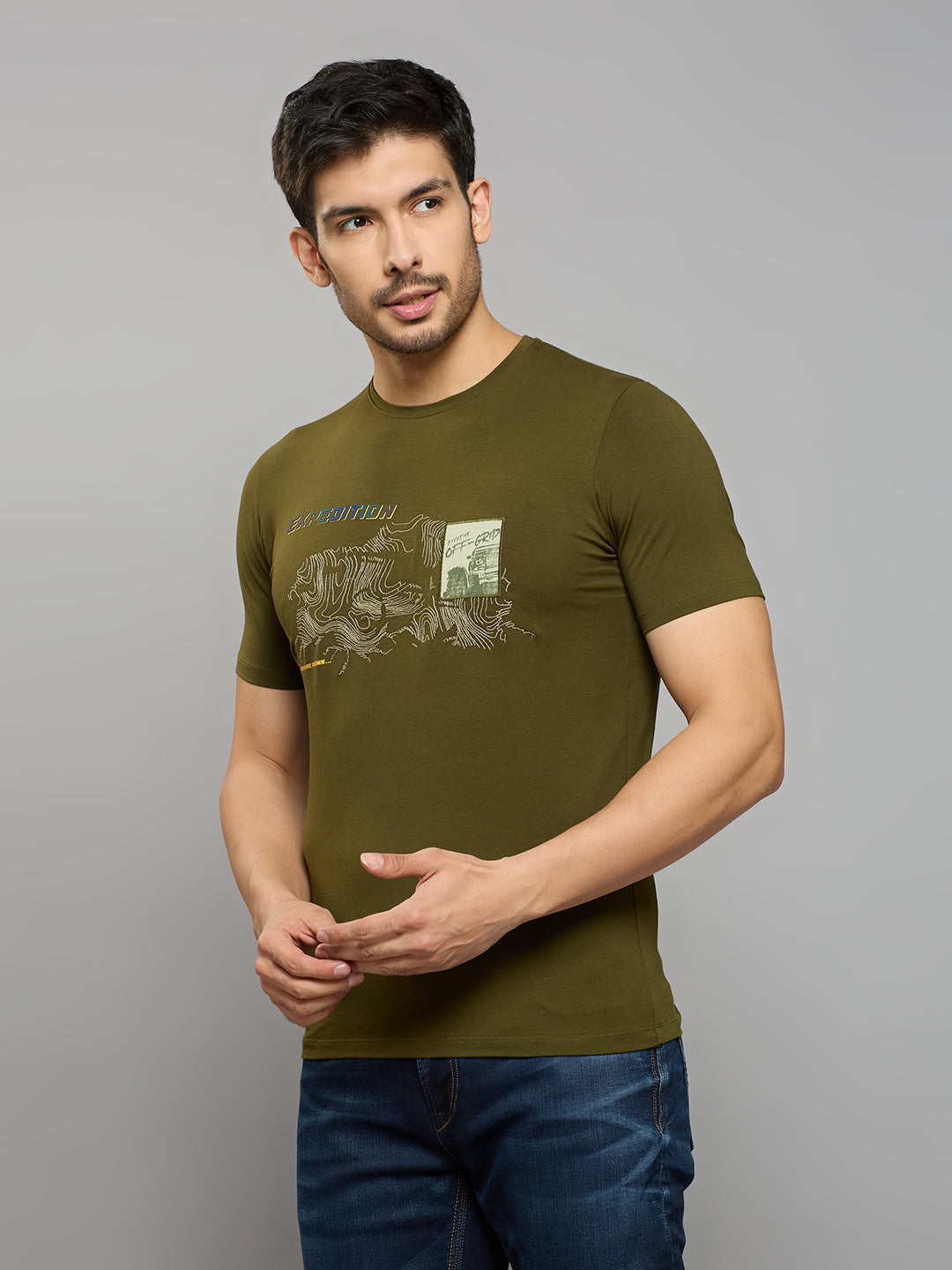 Men's Olive Printed Slim Fit T-Shirts