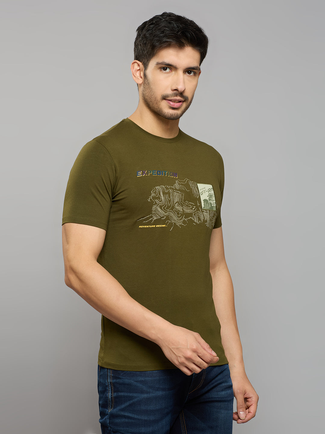 Men's Olive Printed Slim Fit T-Shirts