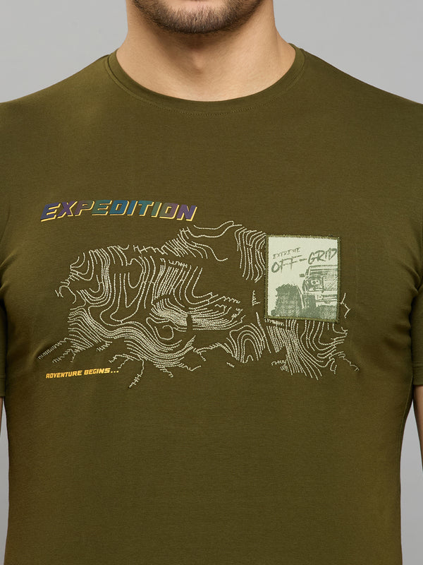 Men's Olive Printed Slim Fit T-Shirts