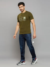 Men's Olive Printed Slim Fit T-Shirts