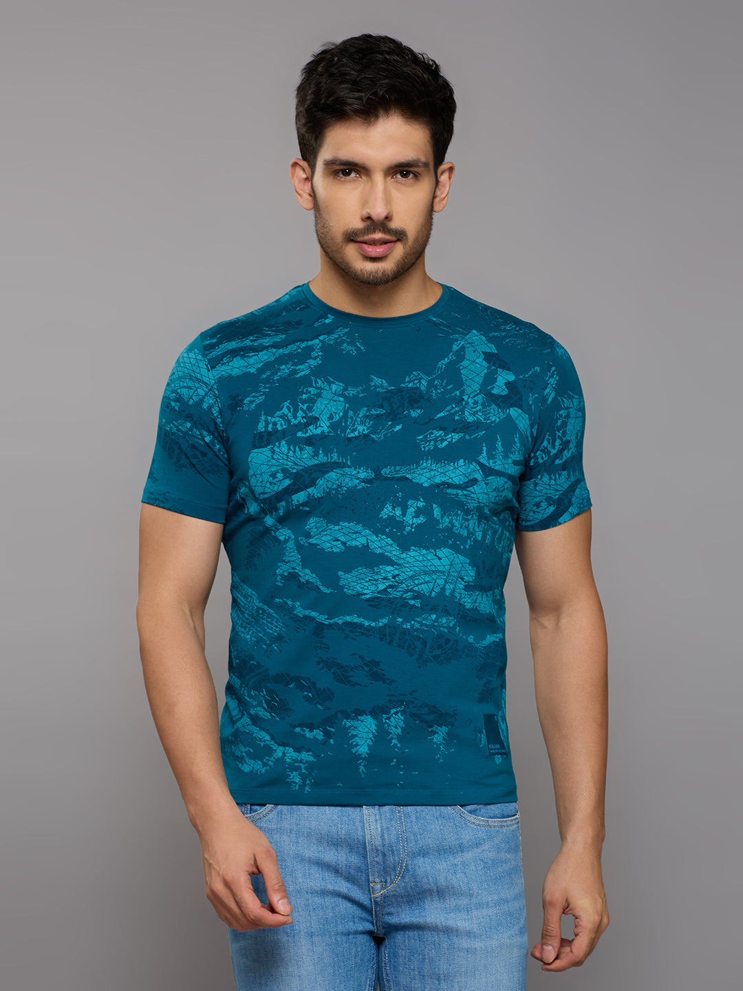 Men's Teal Blue Printed Slim Fit T-Shirts