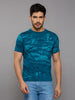 Men's Teal Blue Printed Slim Fit T-Shirts