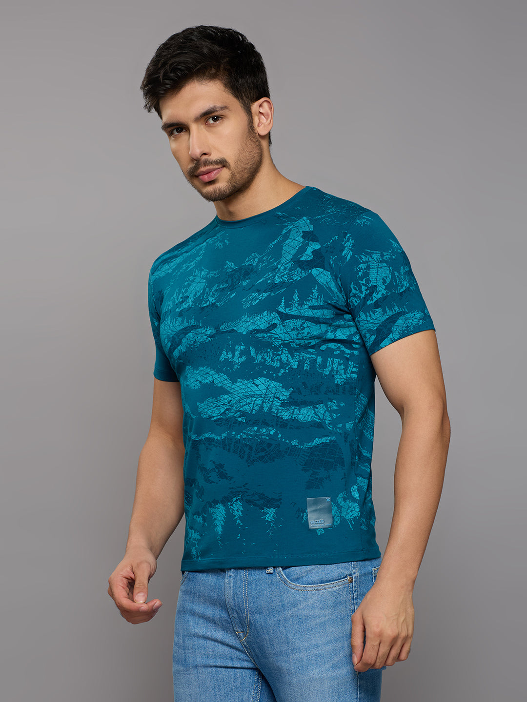 Men's Teal Blue Printed Slim Fit T-Shirts