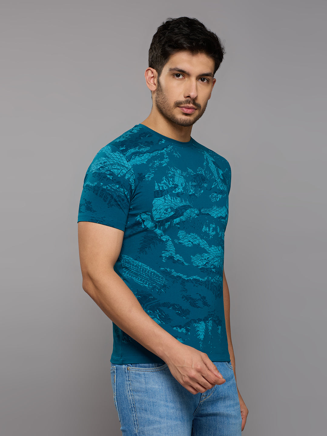 Men's Teal Blue Printed Slim Fit T-Shirts