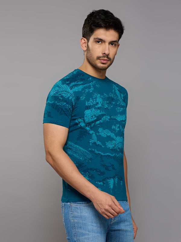 Men's Teal Blue Printed Slim Fit T-Shirts