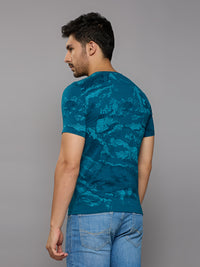 Men's Teal Blue Printed Slim Fit T-Shirts