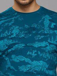 Men's Teal Blue Printed Slim Fit T-Shirts