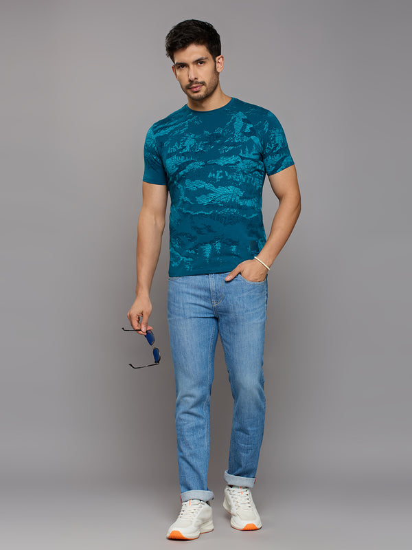 Men's Teal Blue Printed Slim Fit T-Shirts