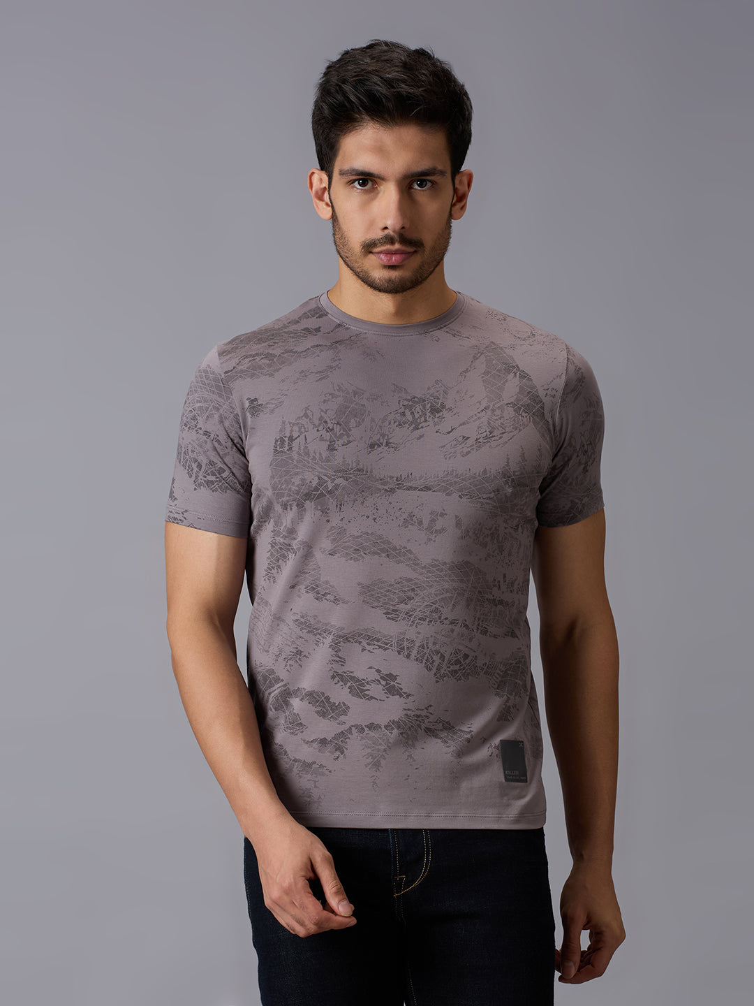 Men's Grey Printed Slim Fit T-Shirts