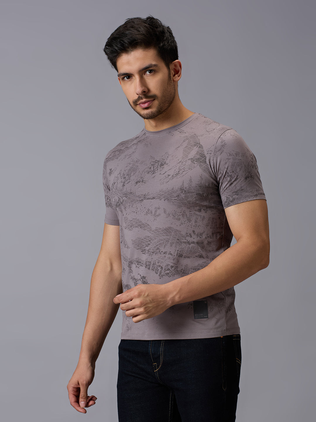 Men's Grey Printed Slim Fit T-Shirts