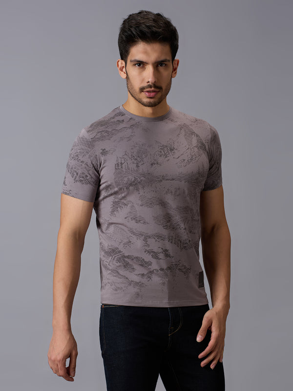 Men's Grey Printed Slim Fit T-Shirts