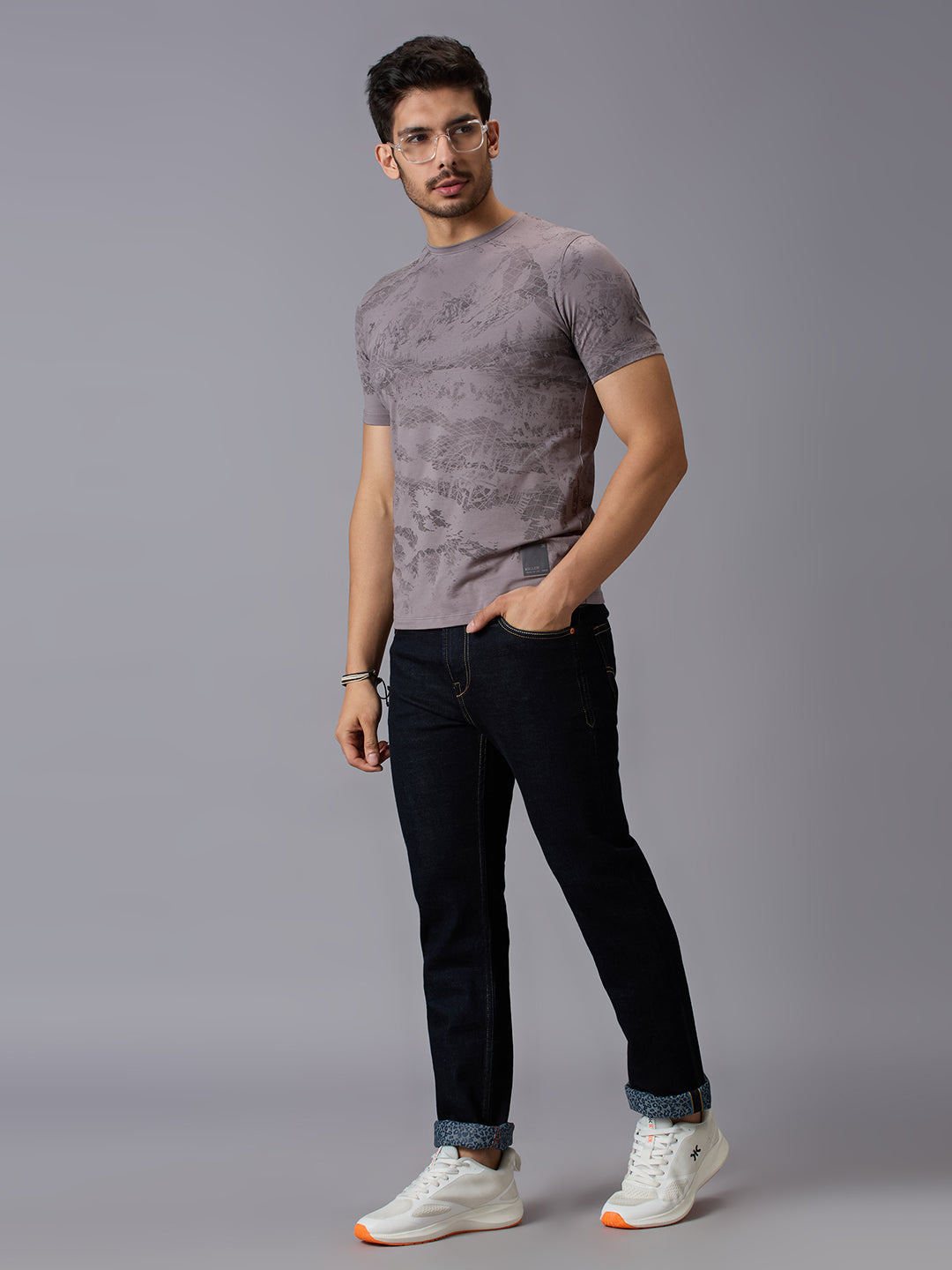 Men's Grey Printed Slim Fit T-Shirts