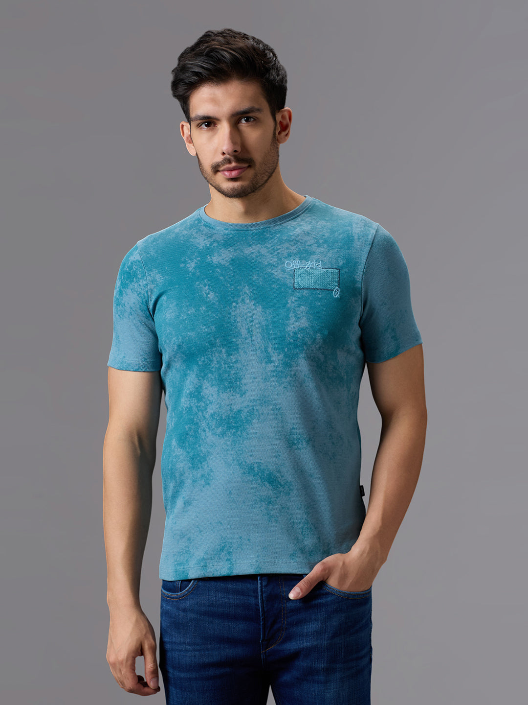 Men's Teal Blue Printed Slim Fit T-Shirts