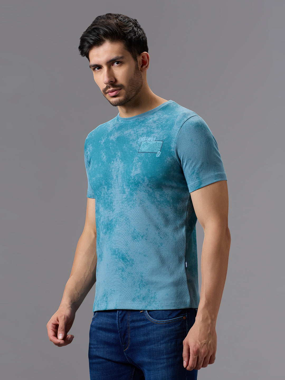 Men's Teal Blue Printed Slim Fit T-Shirts