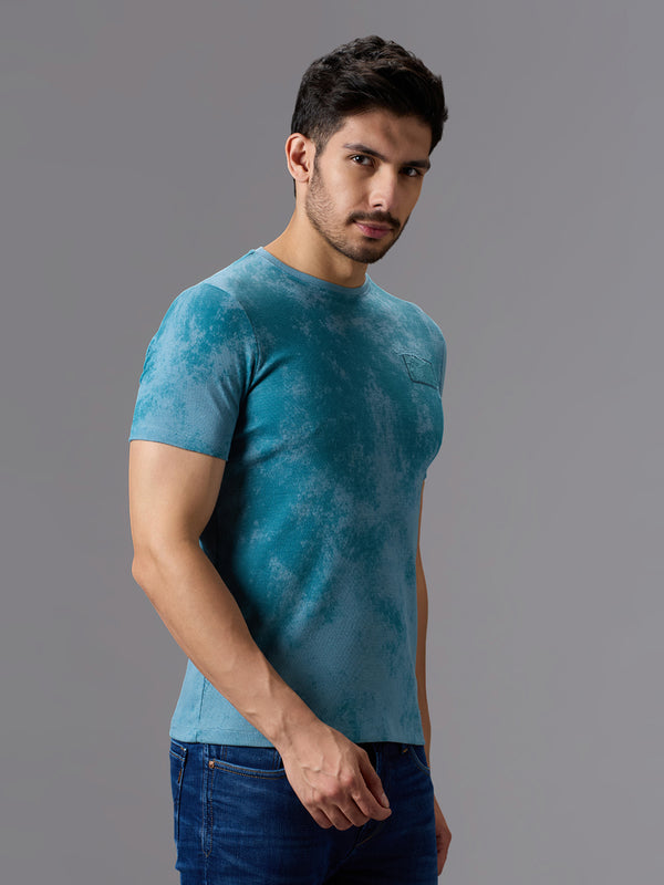 Men's Teal Blue Printed Slim Fit T-Shirts