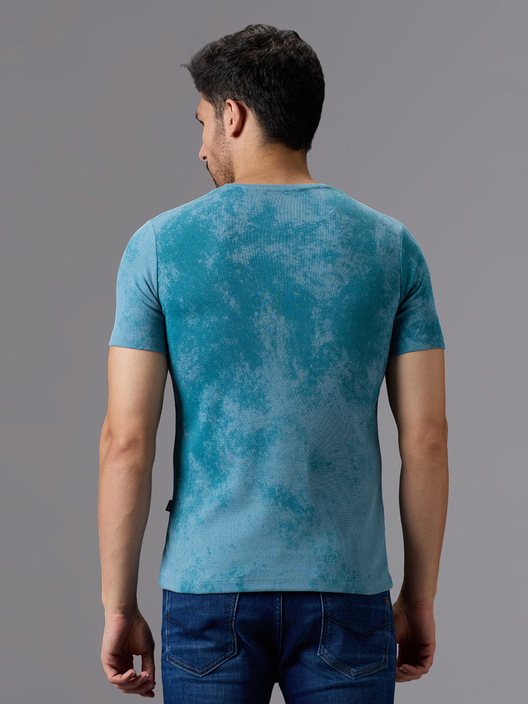 Men's Teal Blue Printed Slim Fit T-Shirts