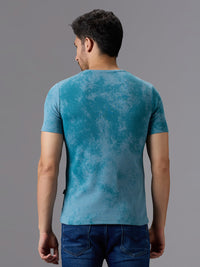 Men's Teal Blue Printed Slim Fit T-Shirts
