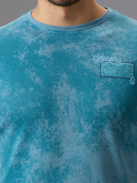 Men's Teal Blue Printed Slim Fit T-Shirts