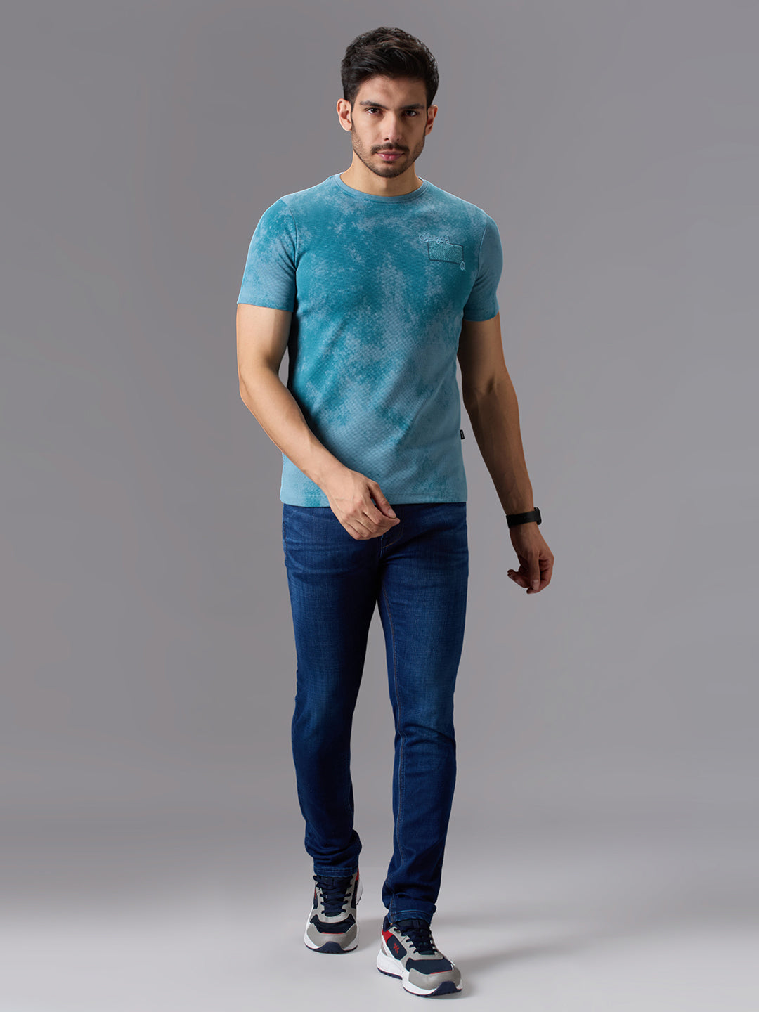 Men's Teal Blue Printed Slim Fit T-Shirts