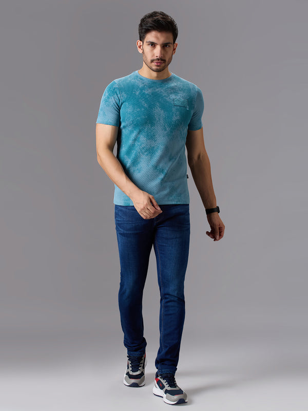 Men's Teal Blue Printed Slim Fit T-Shirts