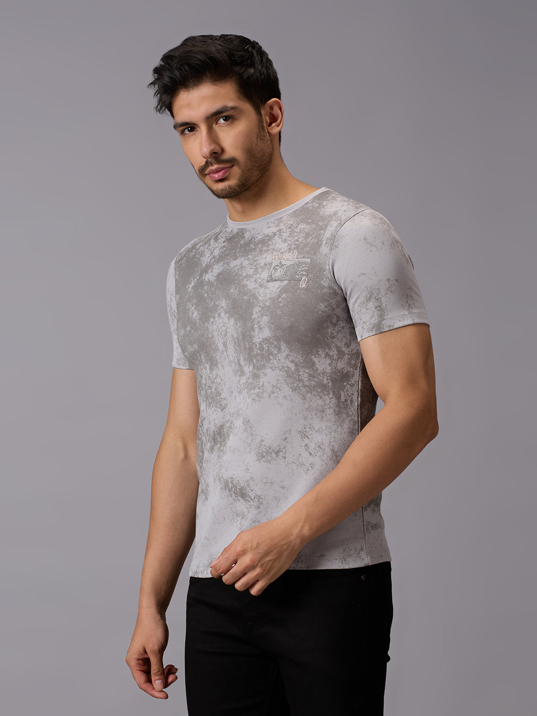 Men's Grey Printed Slim Fit T-Shirts