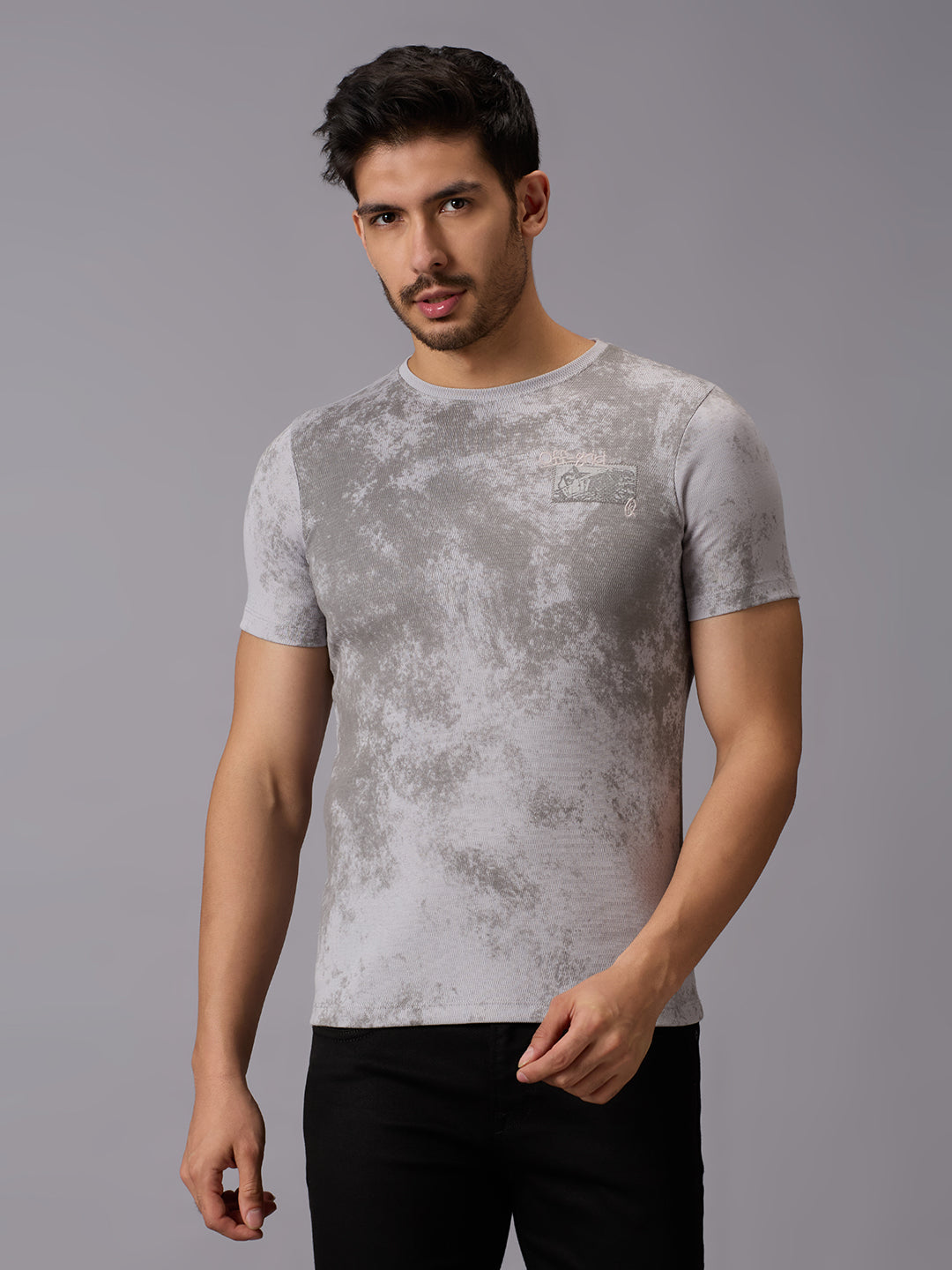 Men's Grey Printed Slim Fit T-Shirts