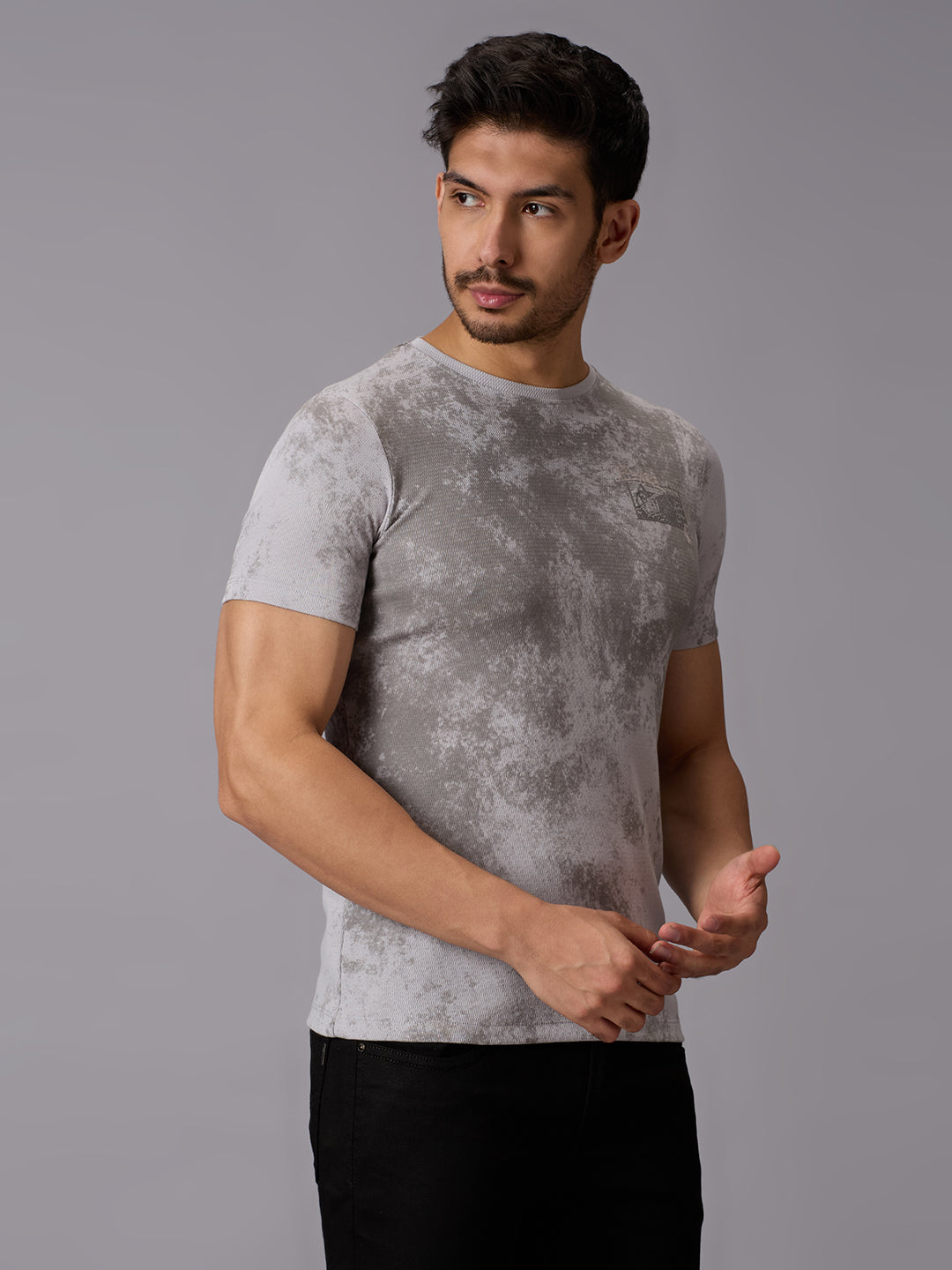 Men's Grey Printed Slim Fit T-Shirts