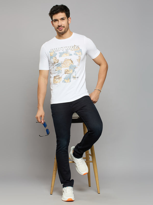 Men's White Printed Slim Fit T-Shirts