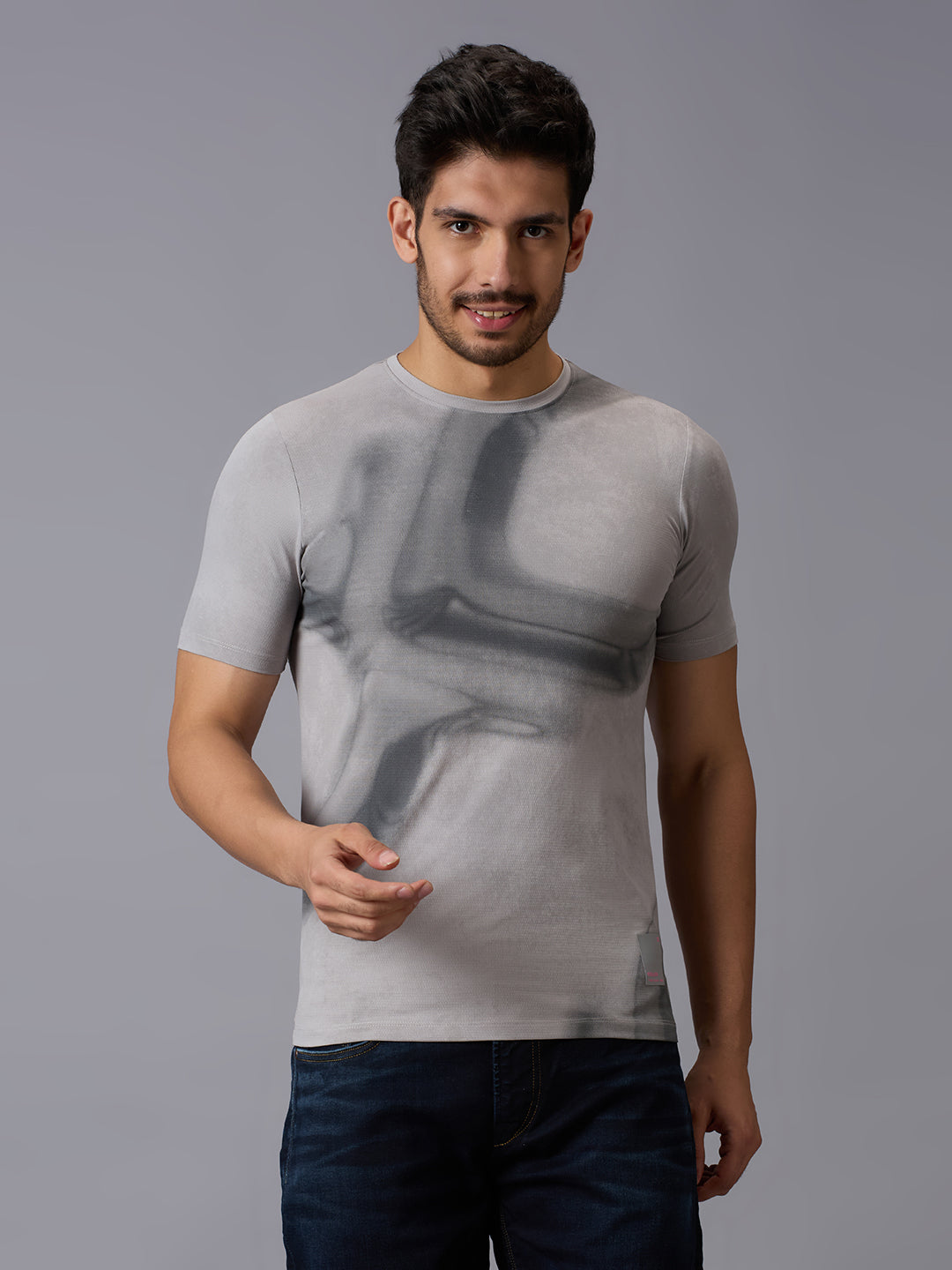 Men's Grey Printed Slim Fit T-Shirts