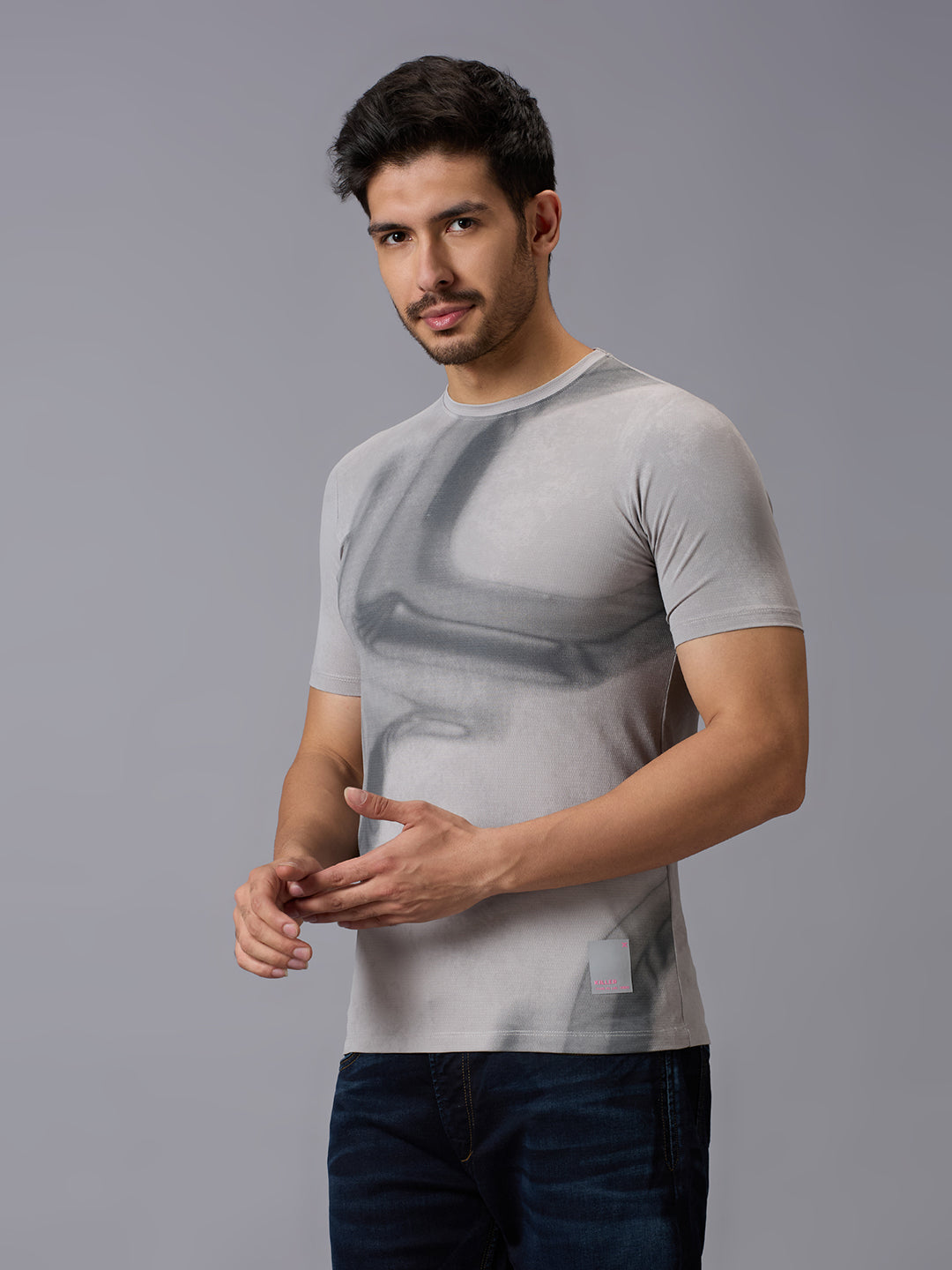 Men's Grey Printed Slim Fit T-Shirts