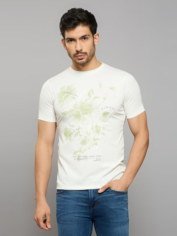 Men's White Printed Slim Fit T-Shirts