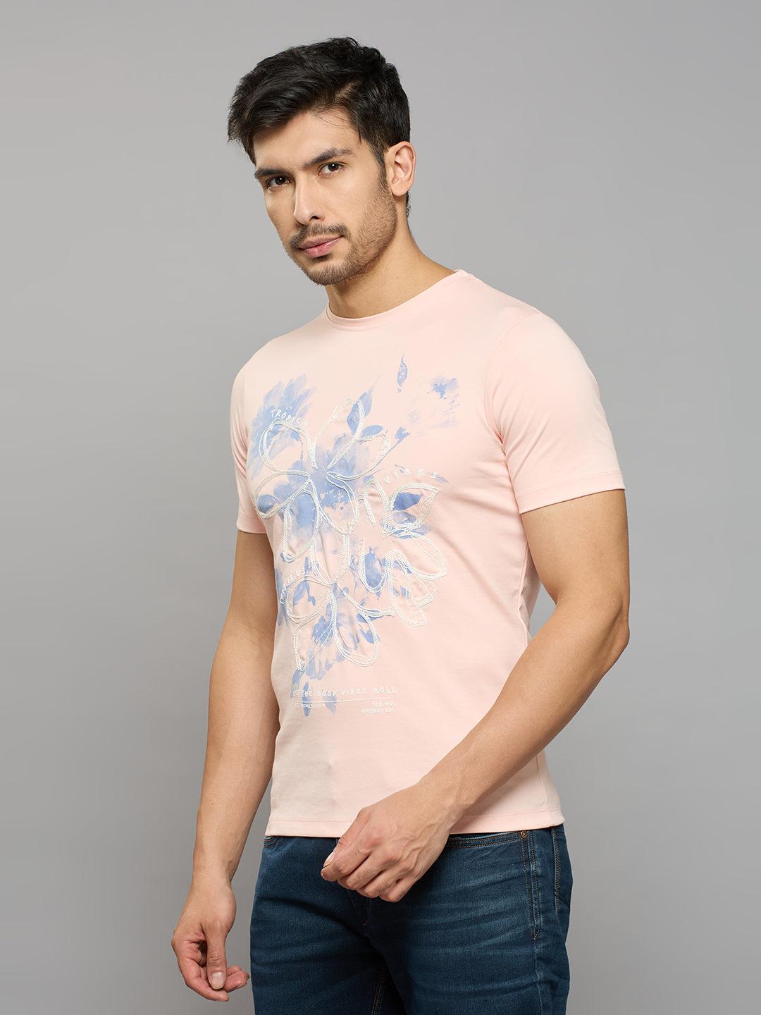 Men's Pink Printed Slim Fit T-Shirts