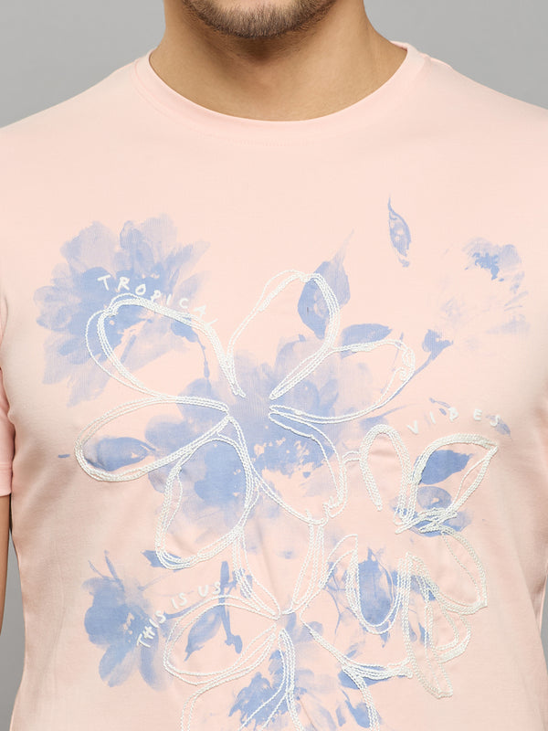 Men's Pink Printed Slim Fit T-Shirts