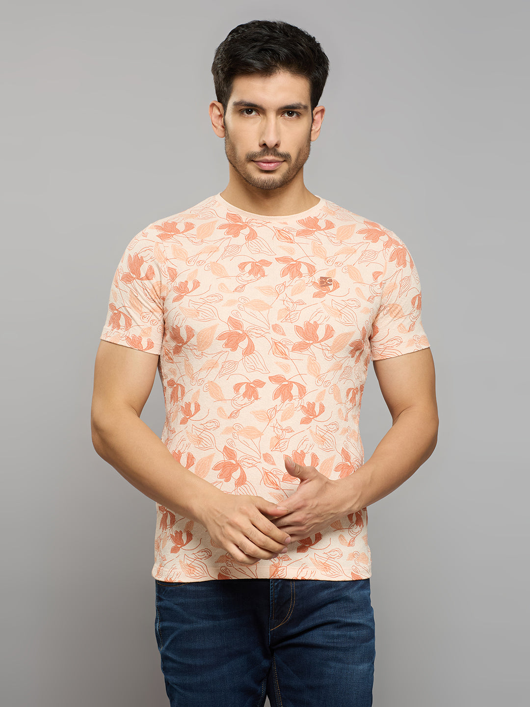 Men's Peach Printed Slim Fit T-Shirts