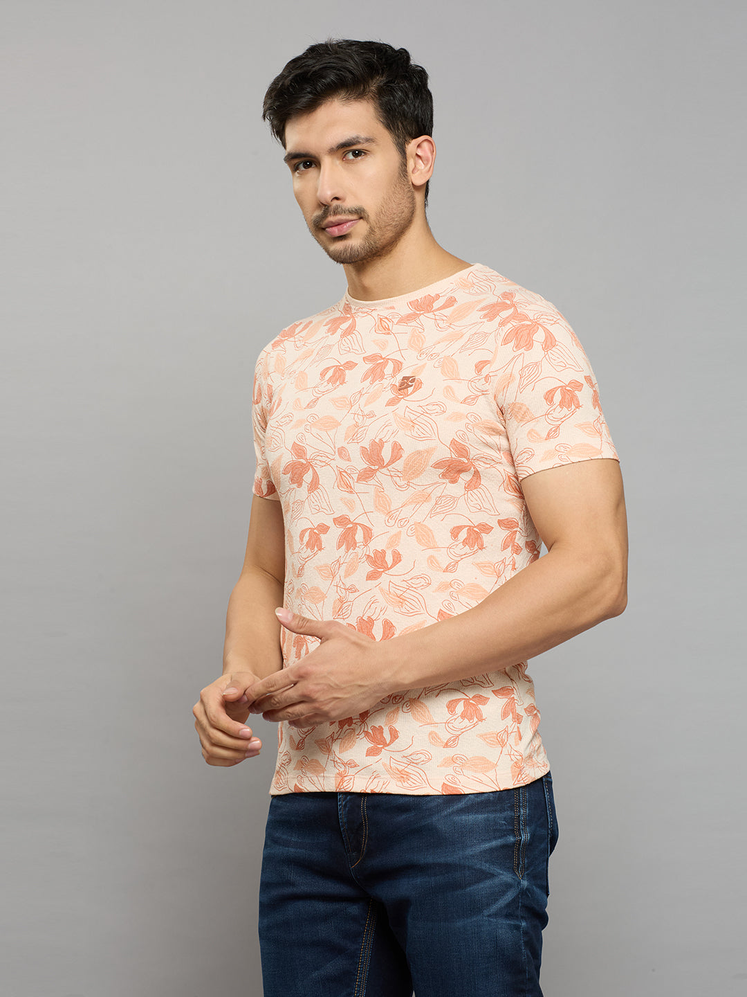 Men's Peach Printed Slim Fit T-Shirts