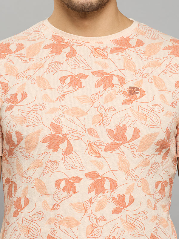 Men's Peach Printed Slim Fit T-Shirts