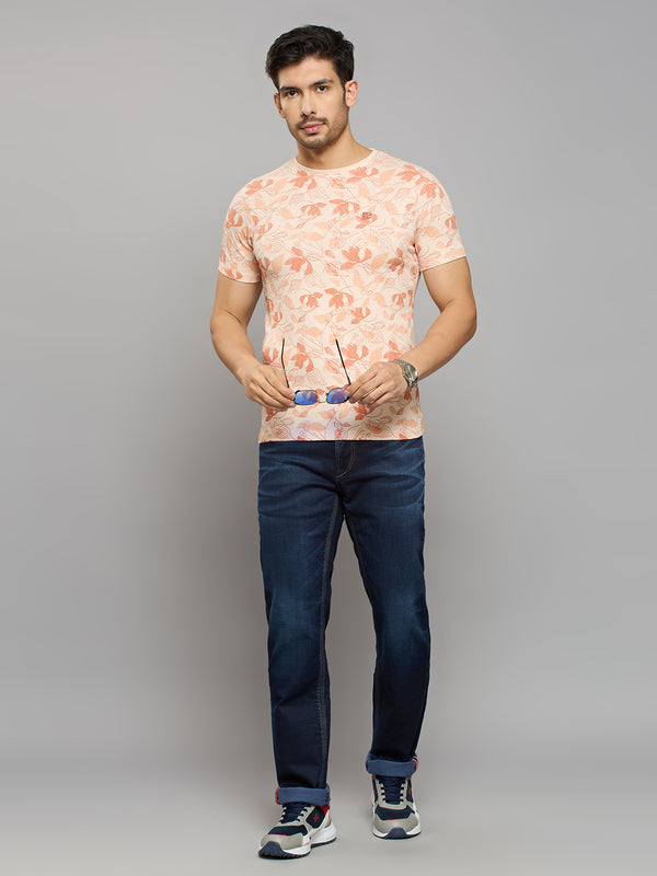 Men's Peach Printed Slim Fit T-Shirts