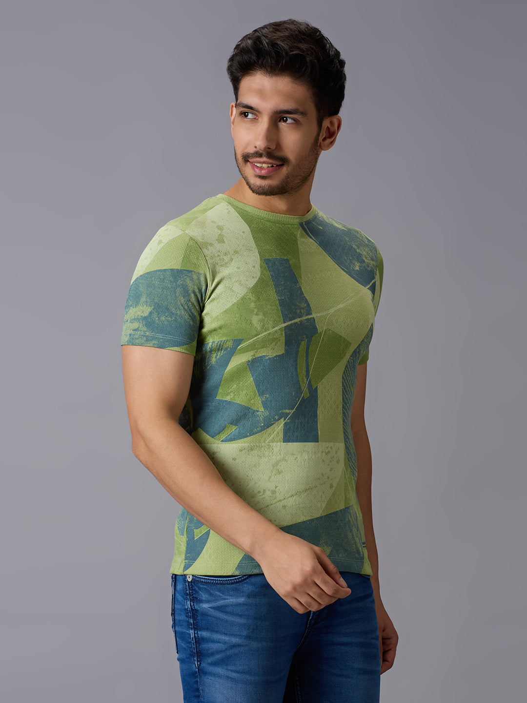 Men's Green Printed Slim Fit T-Shirts